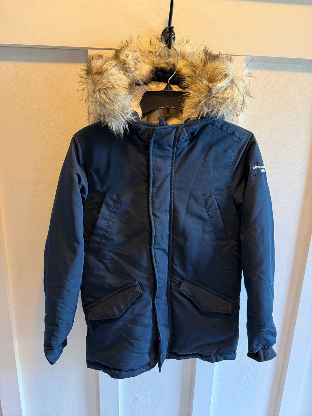 abercrombie kids Navy Puffer Jacket with Faux Fur Hood
